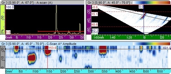 Captura de pantalla de un equipo PAUT mostrando S-Scan y C-Scan